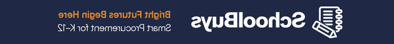 SchoolBuys ad with a dark blue background, promoting "Bright Futures Begin Here" and highlighting smart procurement for K-12 schools.